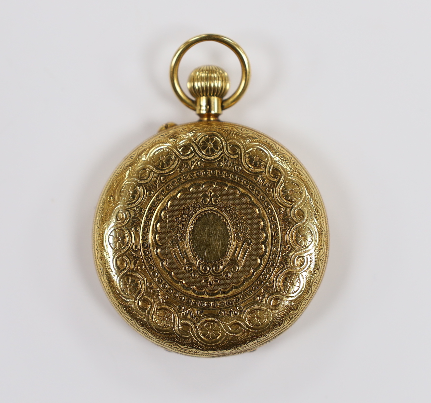 An Edwardian 18ct gold open faced keyless fob watch, by D. Evans of Aberystwyth, case diameter 40mm.